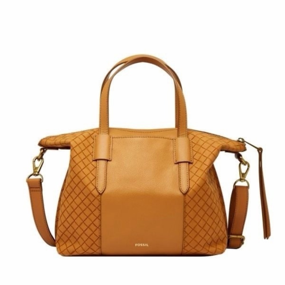 Fossil Skylar Satchel Hand Bag Brown Camel Leather‎ Crossbody Purse Bag Woven